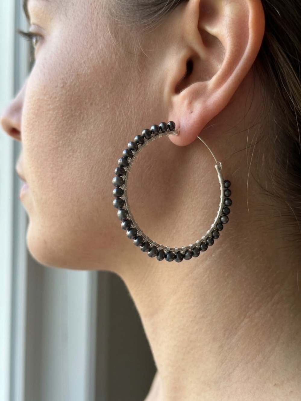 Black Freshwater Pearl Wire Wrapped Silver Hoop Earrings